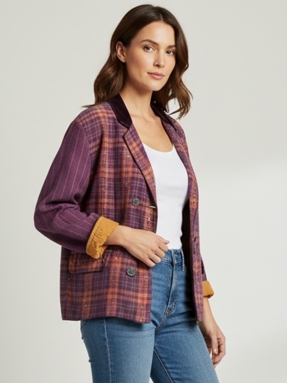 Vintage Funky Kennsington Blue Mauve and Orange Plaid Jacket - Large